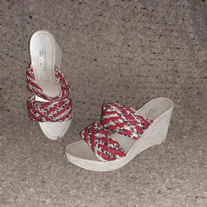 CERUTTI-Italy-Red Patent/Snakeskin Pattern Woven Leather Wedge-Sz 37-Excellent